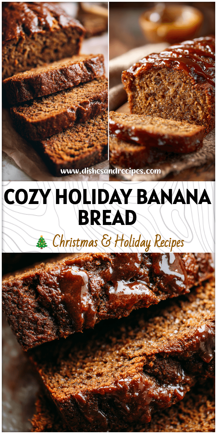 Slice of moist Gingerbread Banana Bread with molasses glaze and festive spices on a holiday table.